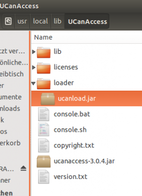 The UCanAccess directory with subdirectory loader and file ucanload.jar on a Linux system