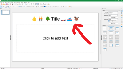 Fig 1: LibreOffice Editing mode - I use uncide Emoji characters in the title and they are all ok in the editing mode