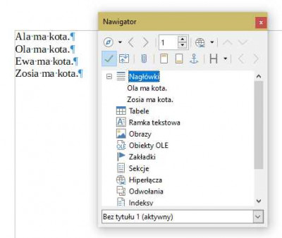Tak wygląda dokument i nawigator. Dwa akapity mają przypisany poziom konspektu 1.